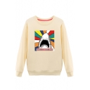 Korean Style Shark Letter Print Round Neck Long Sleeve Pullover Plain Cotton Sweatshirt