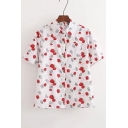 Lovely Cherry Printed Lapel Collar Short Sleeve Buttons Down Shirt