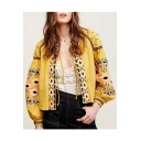 Tribal Printed Chic Floral Embroidered Long Sleeve Lace-Up Front Coat