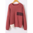Fall Winter Collection Round Neck Long Sleeve False Pocket Contrast Trim Pullover Sweater