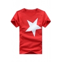 Five-Point Star Pattern Round Neck Short Sleeve Loose Pullover T-Shirt