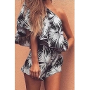 Summer's Fashion Ruffle Hem One Shoulder Coconut Palm Printed Rompers