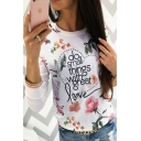Hot Fashion Round Neck Long Sleeve Letter Floral Printed Casual T-Shirt