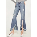 New Arrival High Waist Fashion Ripped Slit Cuff Fringe Hem Asymmetrical Flared Jeans