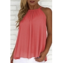Summer's Halter Neck Hollow Buttons Down Back Plain Loose Cami Top