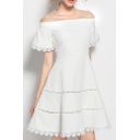 Chic Lace Inserted Trim Off The Shoulder Short Sleeve Mini A-Line Dress