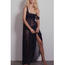 New Trendy Sleeveless Chic Lace Inserted Straps Plain Maxi Dress