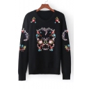 Chic Wreath Embroidered Long Sleeve Round Neck Pullover Leisure Sweater