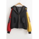 Letter Patched Color Block Zip Up Long Sleeve Hooded Casual Coat