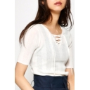 Basic Simple Lace-Up V Neck Short Sleeve Plain Slim Knit T-Shirt Sweater