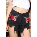 Summer's Chic Floral Embroidered High Waist Buttons Down Ripped Denim Shorts