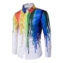 New Stylish Splash-Ink Pattern Lapel Collar Long Sleeve Buttons Down Shirt