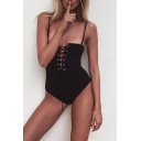 New Sexy Lace-Up Front Spaghetti Straps Plain Slim One Piece Swimwear