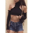 New Trendy High Neck Sexy Cold Shoulder Long Sleeve Plain Slim Cropped Tee