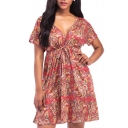 New Trendy Oversize Plunge Neck Short Sleeve Floral Printed Mini A-Line Dress