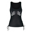 Sports Scoop Neck Sleeveless Lace-Up Side Skeleton Hands Printed Tank Tee