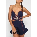 Chic Floral Embroidered Spaghetti Straps Sexy Hollow Out Waist Rompers