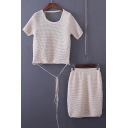 Open Back Round Neck Short Sleeve Plain Knit T-Shirt with Midi Pencil Skirt