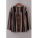 Loose Color Block Vertical Striped Single Breasted Cardigan