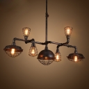 Industrial Chandelier in Black Finish with Metal Cage Frame, 7 Lights 50'' Width