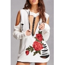New Stylish Cutout V-Neck Cold Shoulder Long Sleeve Embroidery Floral Ripped Hoodie
