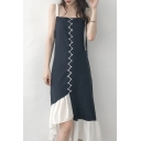 Chic Holiday Letter Print Straps Asymmetrical Ruffle Hem Lace-Up Front Midi Dress