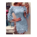 Chic Floral Lace Inserted Boat Neck 3/4 Sleeve Plain Mini Pencil Dress
