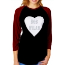Chic Color Block Peach Letter Printed Round Neck Long Sleeve Loose T-Shirt