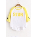 New Fashion Color Block Letter Printed Round Neck Dipped Hem Ripped T-Shirt
