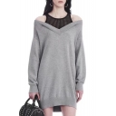 Fake Two-Piece Cold Shoulder Round Neck Long Sleeve Mini Knit Sweater Dress