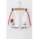 Floral Embroidered Letter Striped Side Fashion Ripped High Rise Shorts