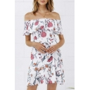 Sexy Off the Shoulder Ruffle Front Short Sleeve Floral Printed Mini A-Line Dress