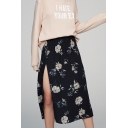 Fashion Split Side Elastic Waist Floral Printed Midi Skirt