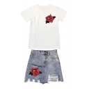 Chic Floral Embroidered Round Neck Short Sleeve T-Shirt with Mini Denim Ripped Skirt