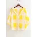 Chic Color Block Plaids Printed Hooded Batwing Sleeve Buttons Down Sun-Proof Coat