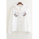 Summer's Fresh Crane Embroidered Hooded Long Sleeve Buttons Down Sun Coat