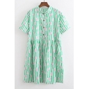 Summer's Watermelon Printed Buttons Down Short Sleeve Mini Smock Dress