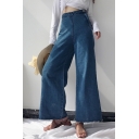 Chic High Waist Zip Fly Side Plain Raw Edge Loose Wide Legs Jeans