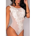 Summer's Chic Sheer Floral Applique Round Neck Sleeveless Sexy Tight Bodysuit