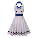 Vintage Halter Neck Sleeveless Fashion Color Block Backless Midi Fit Flared Dress