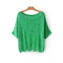 Fashion Boat Neck Half Sleeve Hollow Out Grommet Embellished Plain Sweater