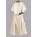 Lapel Collar Short Sleeve Embroidered Patchwork Shirt with Midi Plain A-Line Skirt