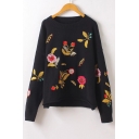 Fashion Floral Embroidered Round Neck Long Sleeve Pullover Comfort Sweater