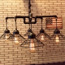 Industrial Vintage Chandelier in Black Finish with Conical Wire Shade, 6 Lights