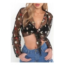 Chic Floral Embroidered Sheer Mesh Plunge Neck Knotted Long Sleeve Cropped Blouse