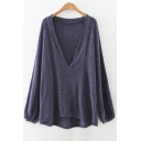 New Arrival Simple Plain Plunge Neck Long Sleeve Knit Pullover T-Shirt