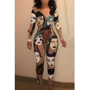 New Arrival Fashion Sketch Character Printed Round Neck Long Sleeve Skinny Jumpsuits