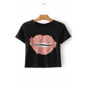 Letter Big Mouth Pattern Round Neck Short Sleeve Pullover Cropped T-Shirt