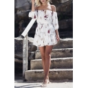 Vocational Off the Shoulder 3/4 Length Sleeve Floral Printed Mini Beach Dress