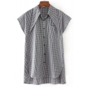 New Stylish Tied Lapel Short Sleeve Plaid Color Block Button Down Shirt with One Pocket